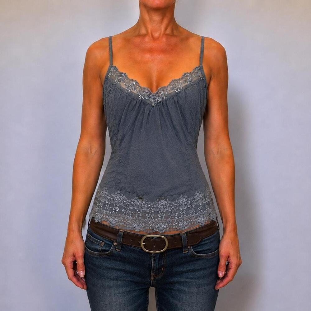 Y2K Fairy Grunge Charcoal Grey Romantic Lace Trim Sequin Cami Tank Top Size S